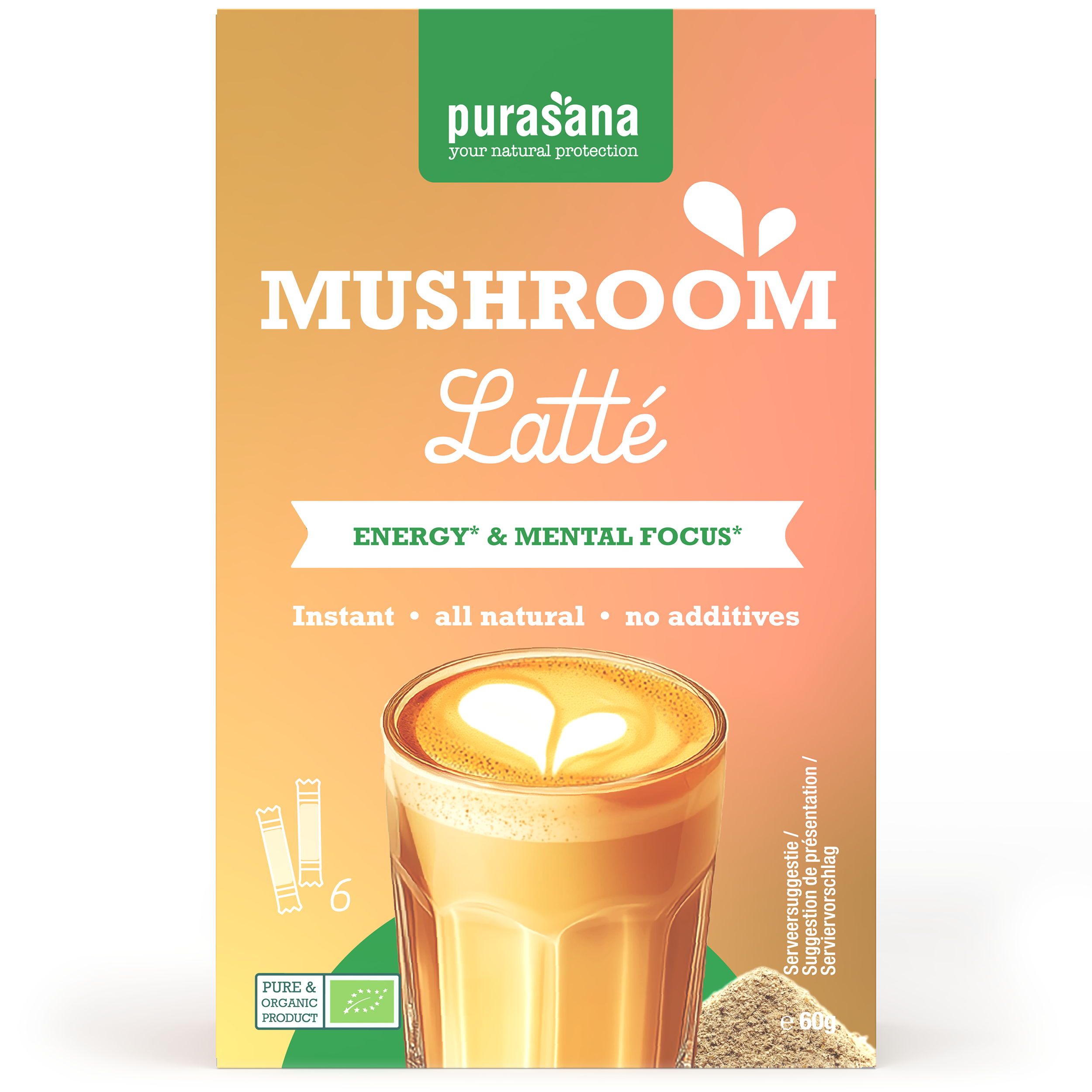 Purasana Instant Mushroom Latte in 6 sachets of organic 10g each, a nutritious mushroom drink mix in a resealable packet.