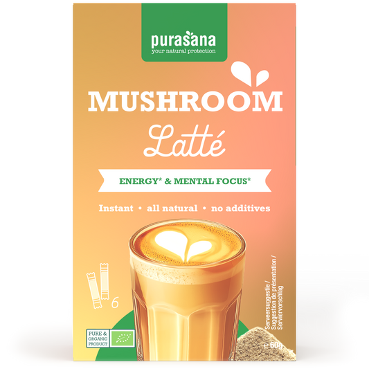 Purasana Instant Mushroom Latte in 6 sachets of organic 10g each, a nutritious mushroom drink mix in a resealable packet.