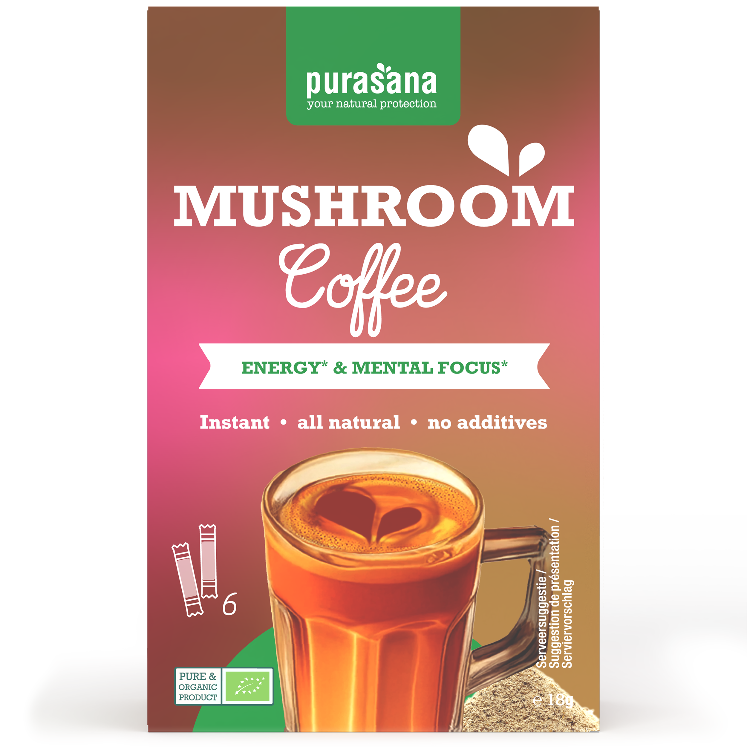 Purasana instant mushroom coffee sachets, organic 6x3g packs, featuring mushroom extract for a healthy beverage.