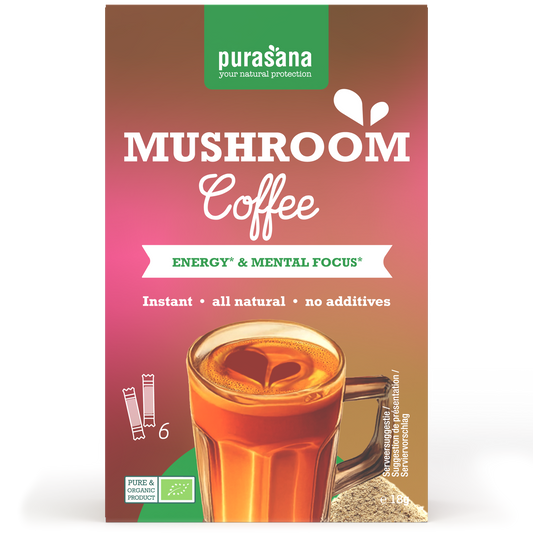 Purasana instant mushroom coffee sachets, organic 6x3g packs, featuring mushroom extract for a healthy beverage.