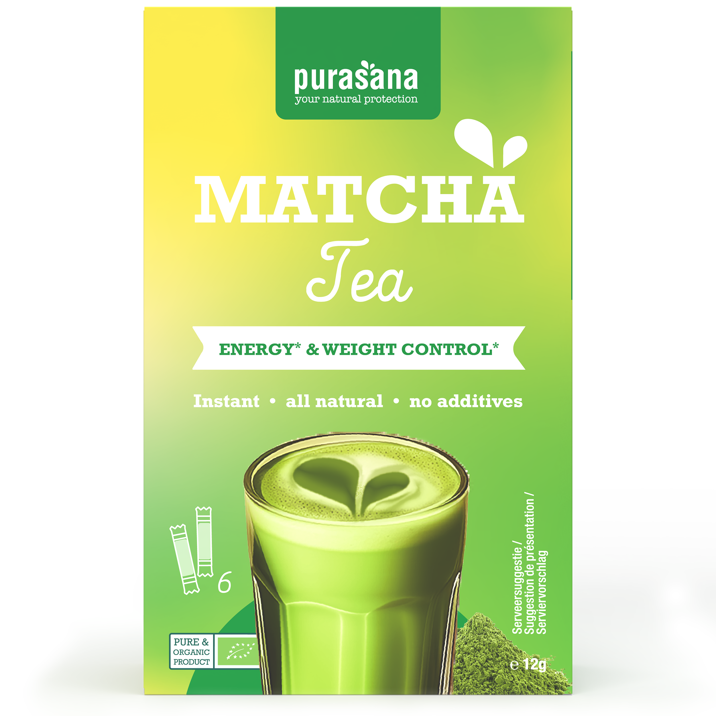 Purasana organic matcha green tea powder in 12g package, fine bright green powder for tea preparation and health benefits