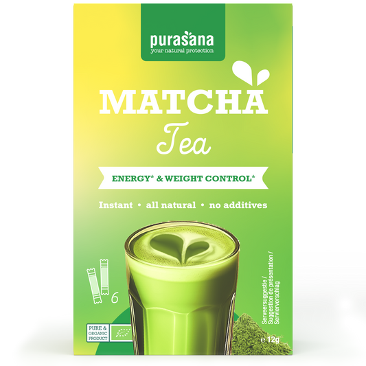 Purasana organic matcha green tea powder in 12g package, fine bright green powder for tea preparation and health benefits