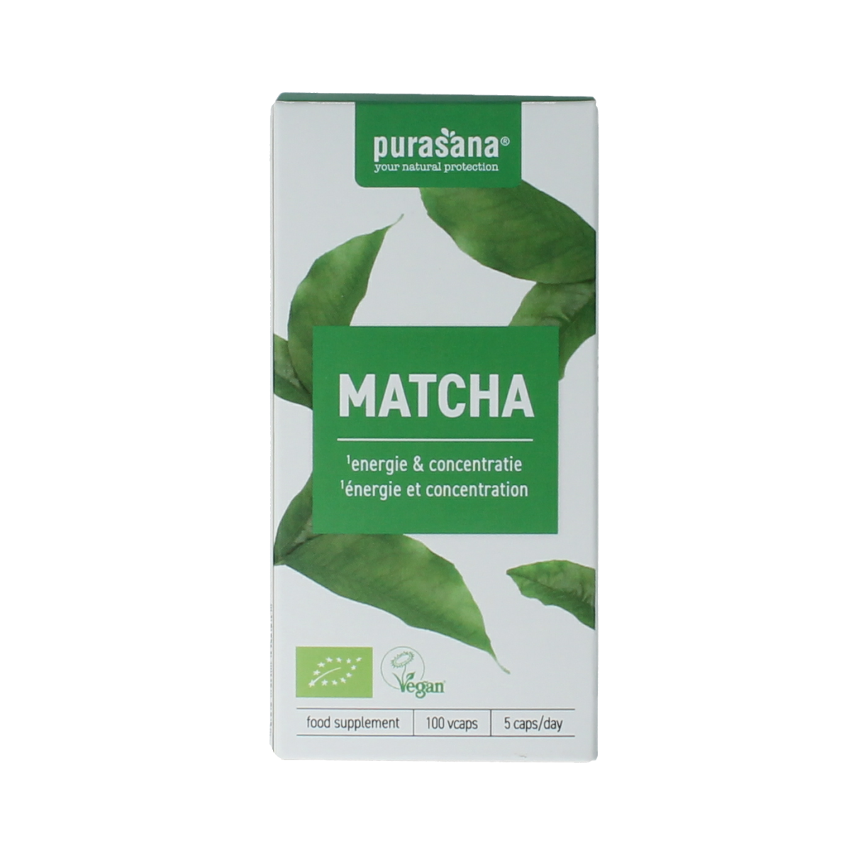 Purasana Matcha vegan organic herbal capsules, green powder in a transparent container, with green leaves in the background.