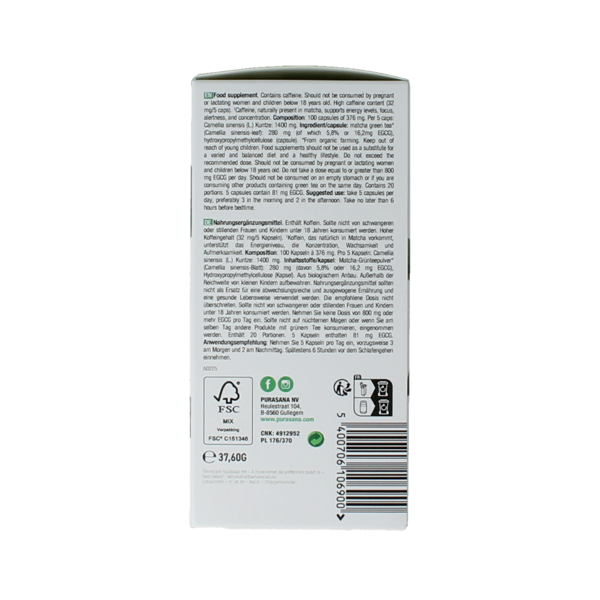 Purasana Matcha vegan bio herbal capsules in a clear container, showcasing green capsules for dietary supplement use.