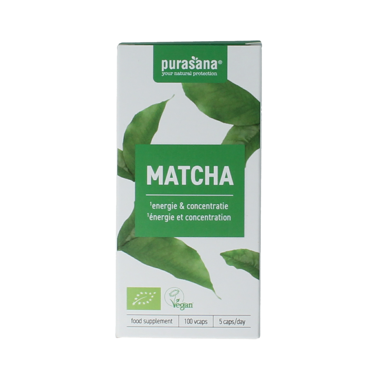 Purasana Matcha vegan organic herbal capsules, vegetarian dietary supplement, displayed in a bottle with capsules inside