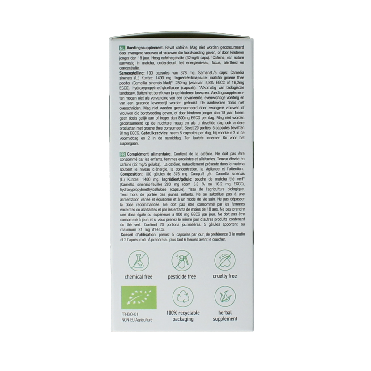 Purasana vegan bio Matcha herbal supplement capsules in a white bottle with green label, showing capsules inside.