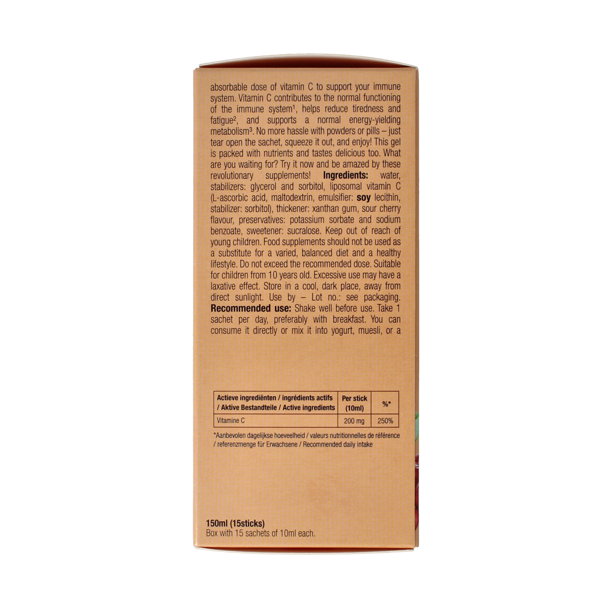 Purasana Vitamin C liquid gelstick 10ml, 15-pack, natural vitamin supplement in convenient gelstick form.