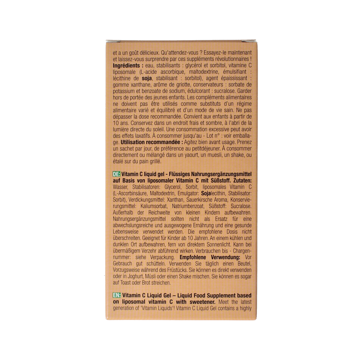 Purasana Vitamin C liquid gelstick pack with 15 disposable 10ml gelsticks, vitamin C supplement in a portable container.
