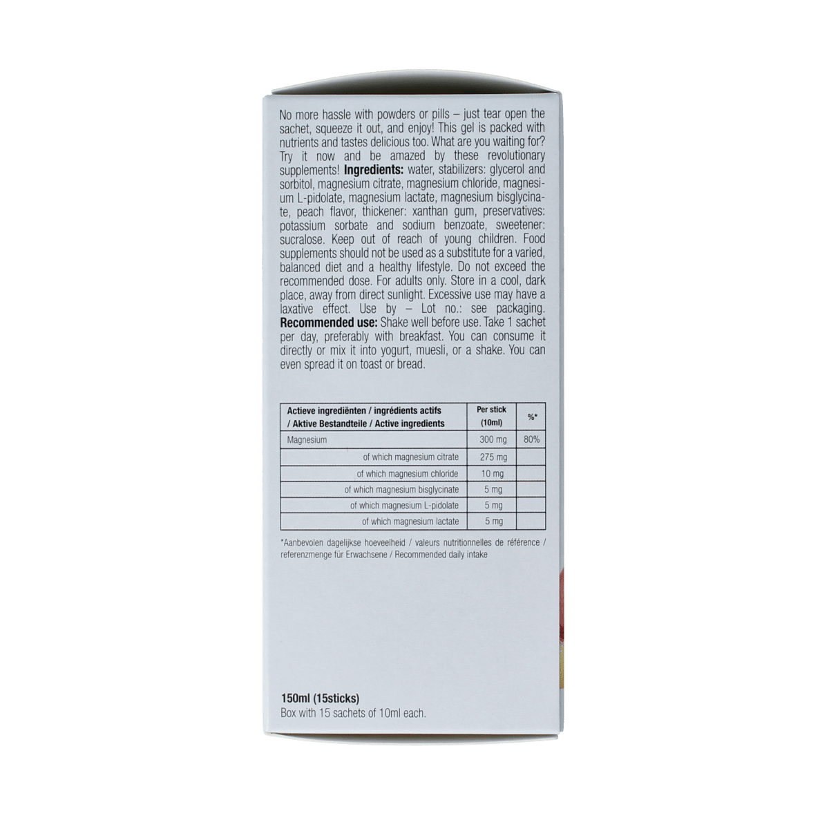 Purasana Magnesium liquid gelstick 10ml, mineral supplement, close-up of 15 gelsticks in transparent packaging.