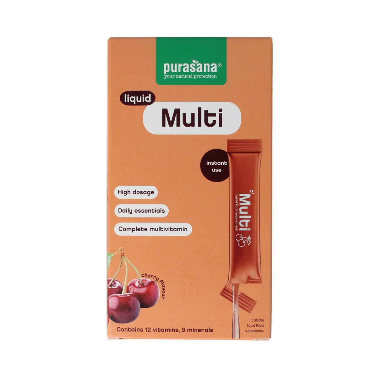Purasana Multivit liquid gelstick 10ml, pack of 15, vitamin supplement with colorful gelsticks in a clear blister pack.