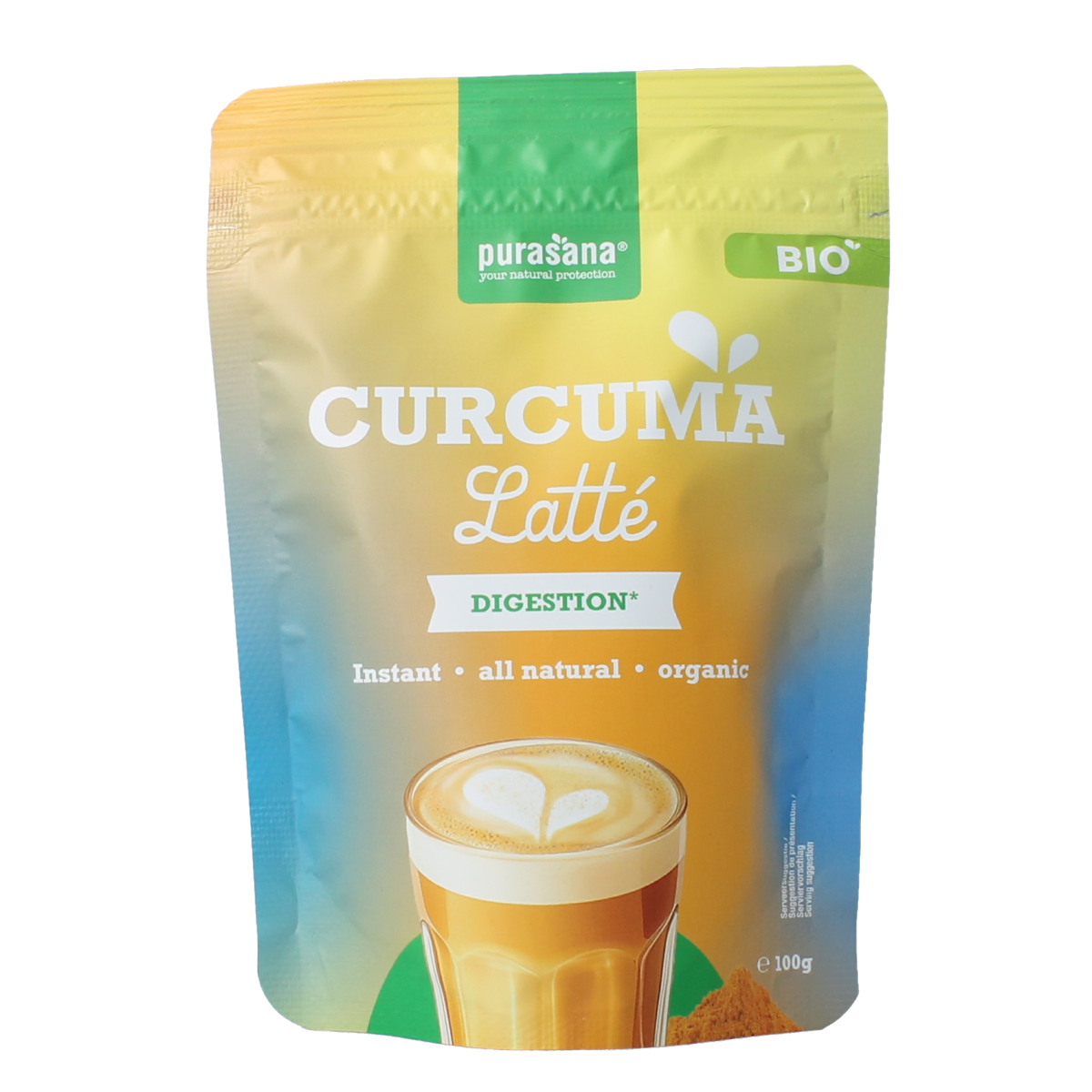 Purasana organic instant turmeric latte powder in a 100g package, suitable for making flavorful turmeric drinks.