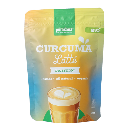 Purasana organic instant turmeric latte powder in a 100g package, suitable for making flavorful turmeric drinks.