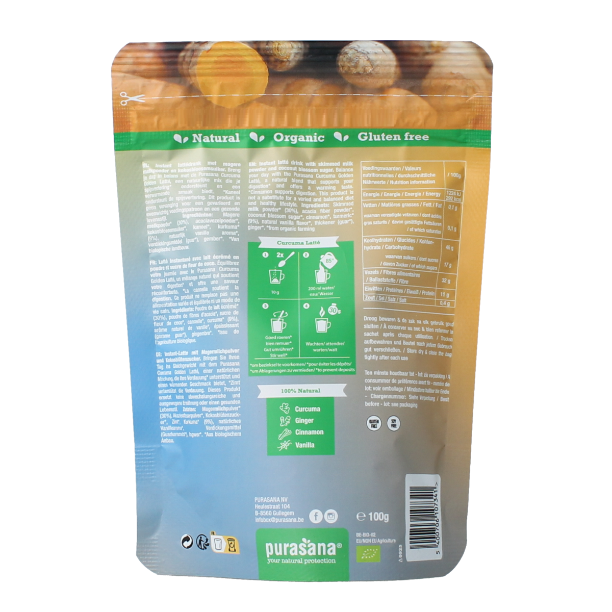 Purasana Instant Curcuma Latte bio in 100g jar, showing a vibrant turmeric latte drink with a spoon and turmeric powder on a wooden surface.