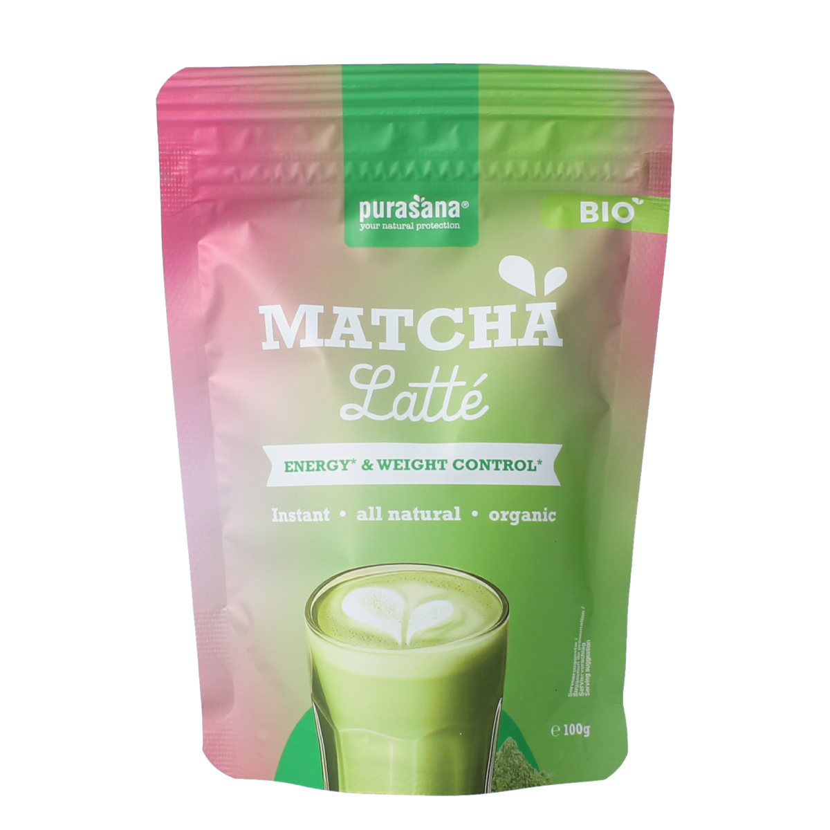 Purasana Organic instant matcha latte powder in a 100g package, suitable for making flavorful matcha drinks and beverages.