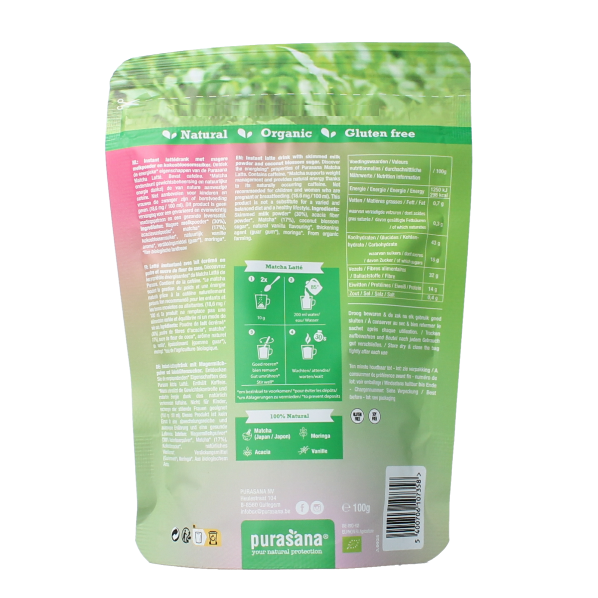 Purasana organic instant matcha latte powder in a 100g package, suitable for making flavorful matcha drinks.