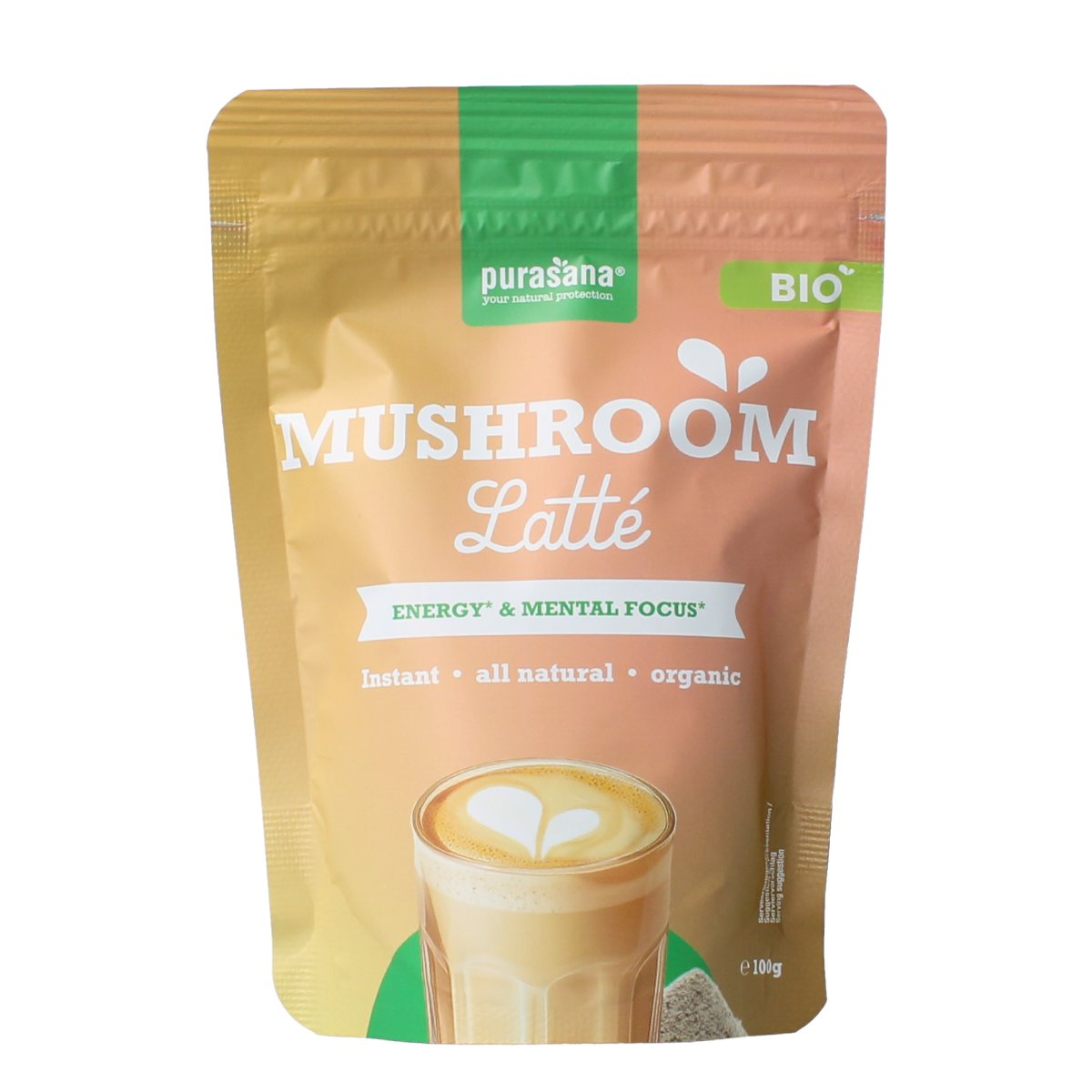 Purasana Instant Mushroom Latte bio in 100g package, showcasing the natural mushroom latte powder for drinks and wellness.