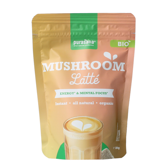 Purasana Instant Mushroom Latte bio in 100g package, showcasing the natural mushroom latte powder for drinks and wellness.