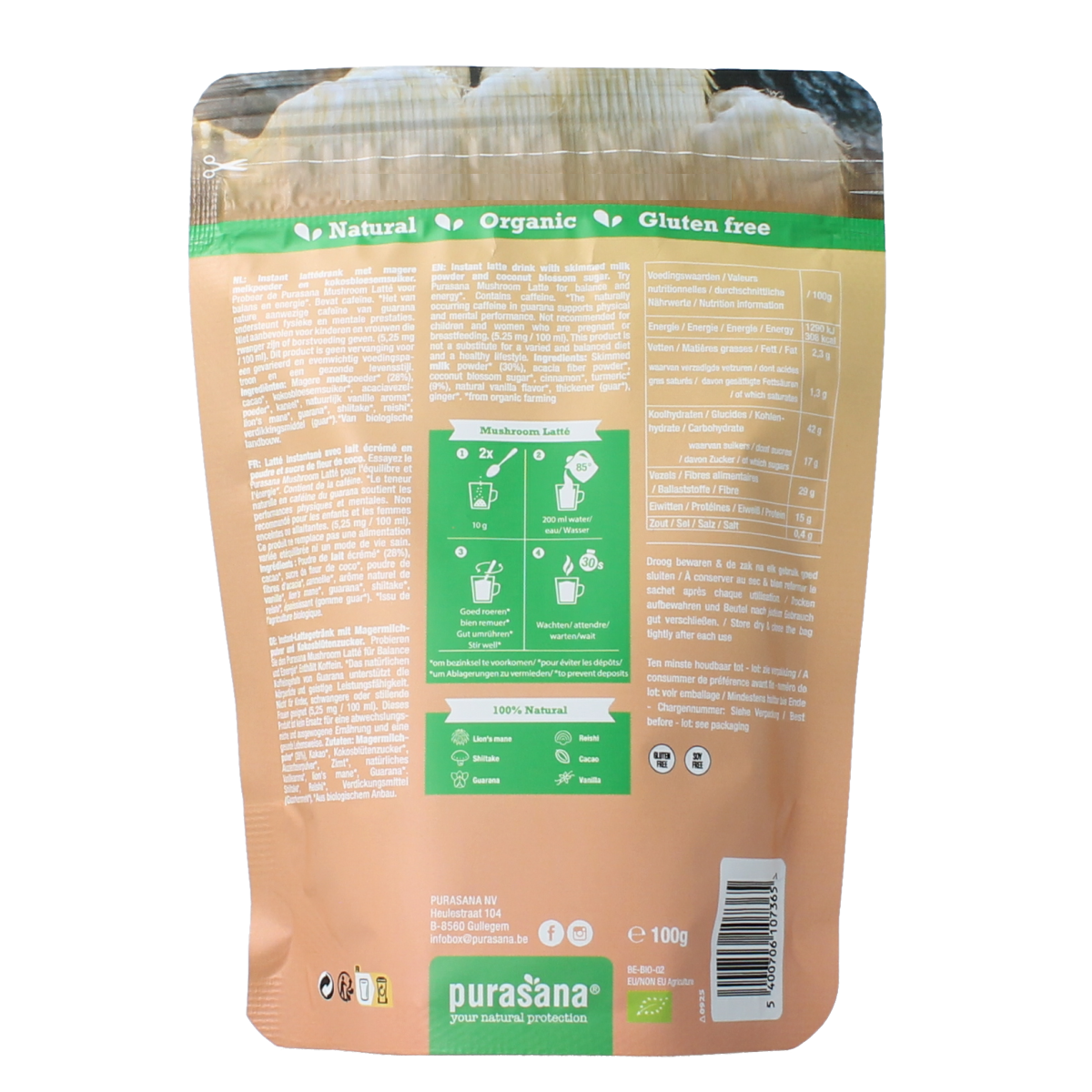Purasana Instant Mushroom Latte bio in 100g package, showing the powdered mushroom latte drink mix in a resealable bag.