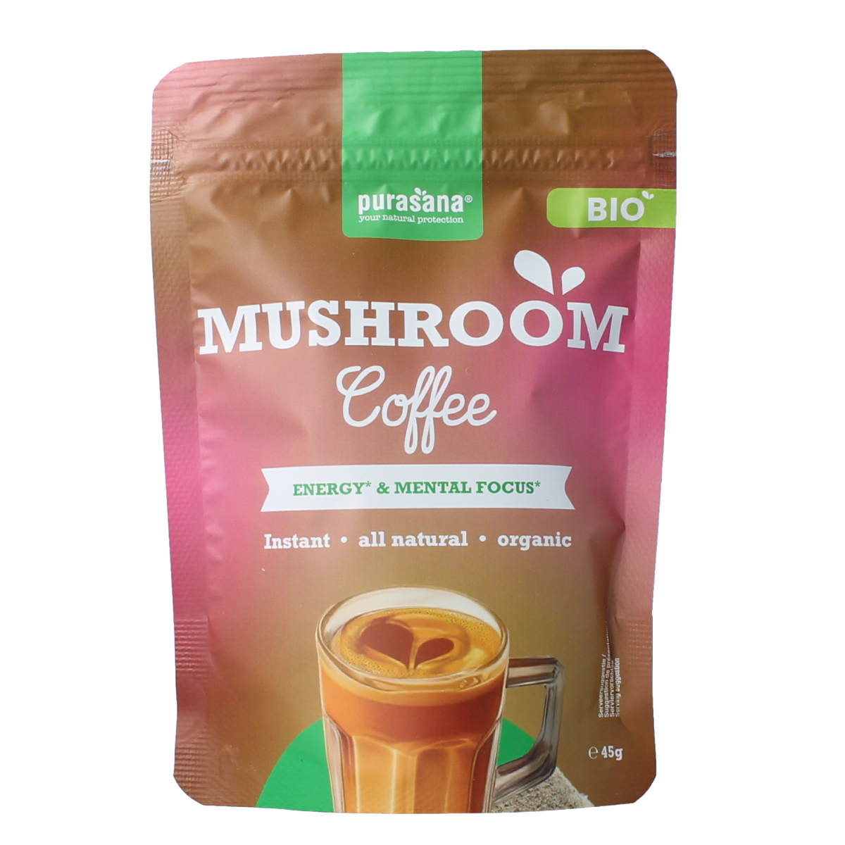 Purasana organic instant mushroom coffee in 45g package, showing a jar of mushroom coffee powder with a scoop.