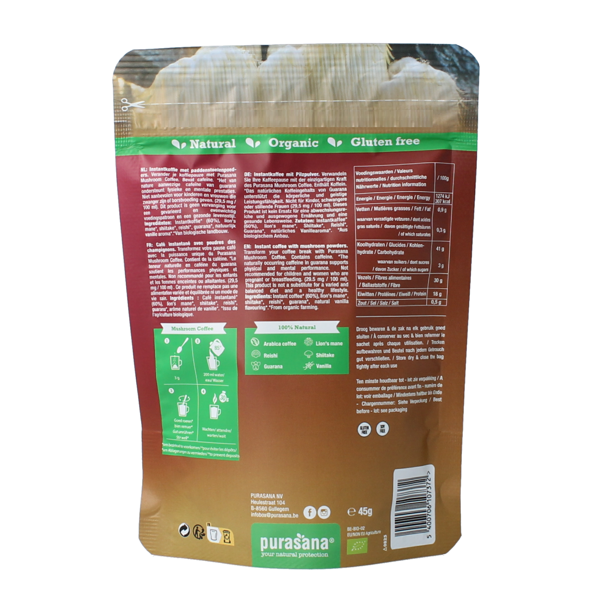 Purasana organic instant mushroom coffee in 45g package, showing a jar of coffee with mushroom illustrations on the label.