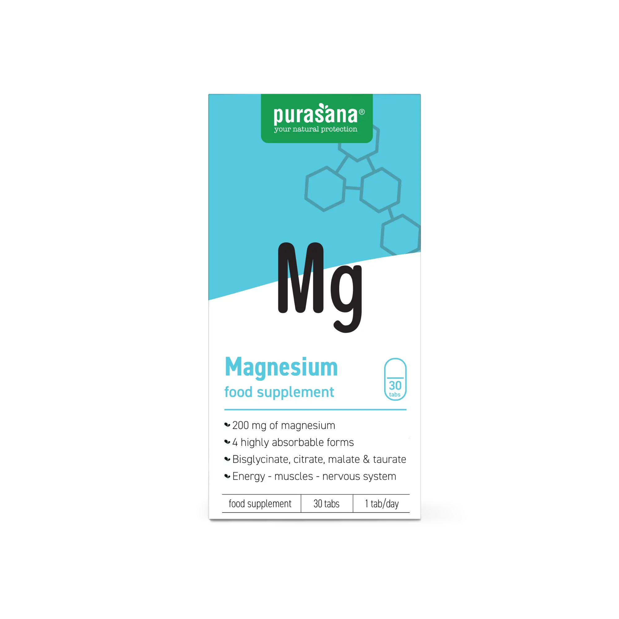 Purasana Magnesium mineral supplement with 30 tablets, featuring white bottle and label displaying product details.