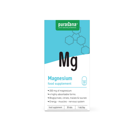 Purasana Magnesium mineral supplement with 30 tablets, featuring white bottle and label displaying product details.