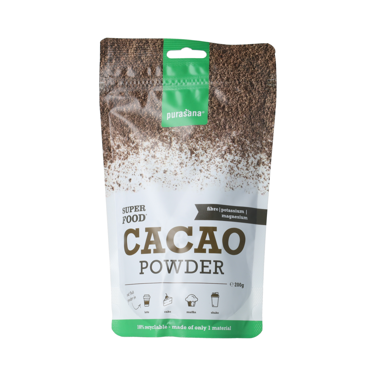 Purasana vegan cacao powder in a 200g package, natural Dutch cocoa powder for baking and smoothies, from Purasana Kruidenpreparaten.