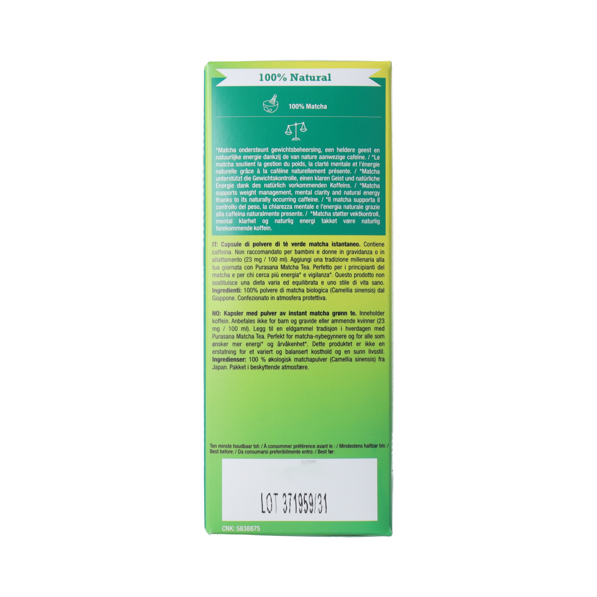 Purasana Instant Matcha tea capsules, organic, 16x1g, for quick preparation of matcha tea, in a clear container.