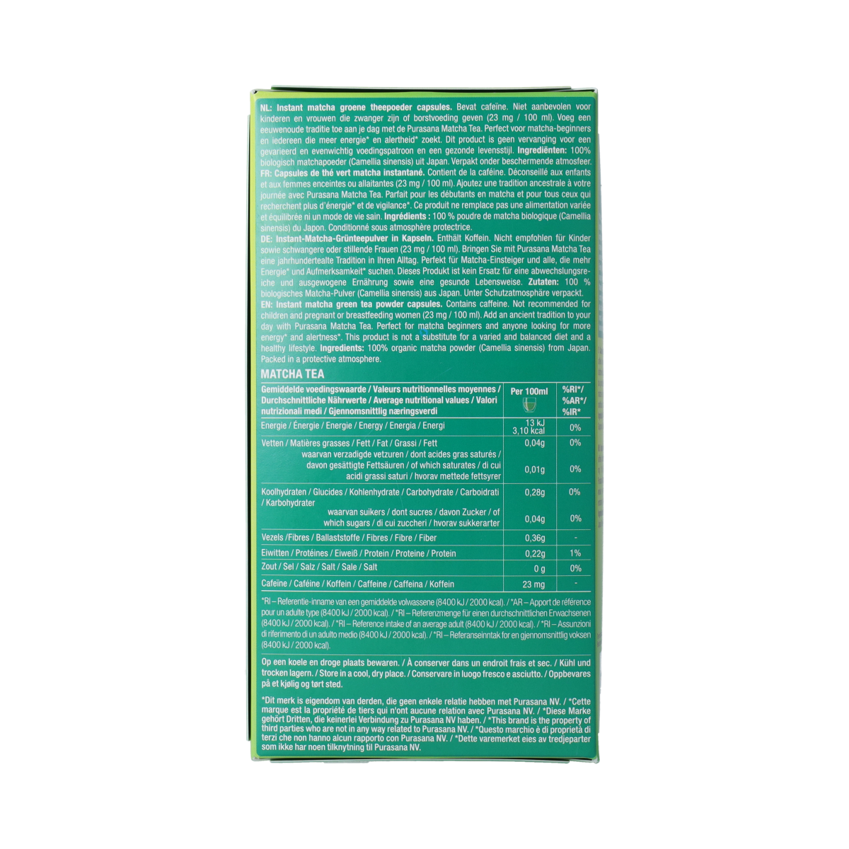 Purasana Instant Matcha Tea Capsules 16x1g, organic green tea capsules for quick and easy matcha brewing.