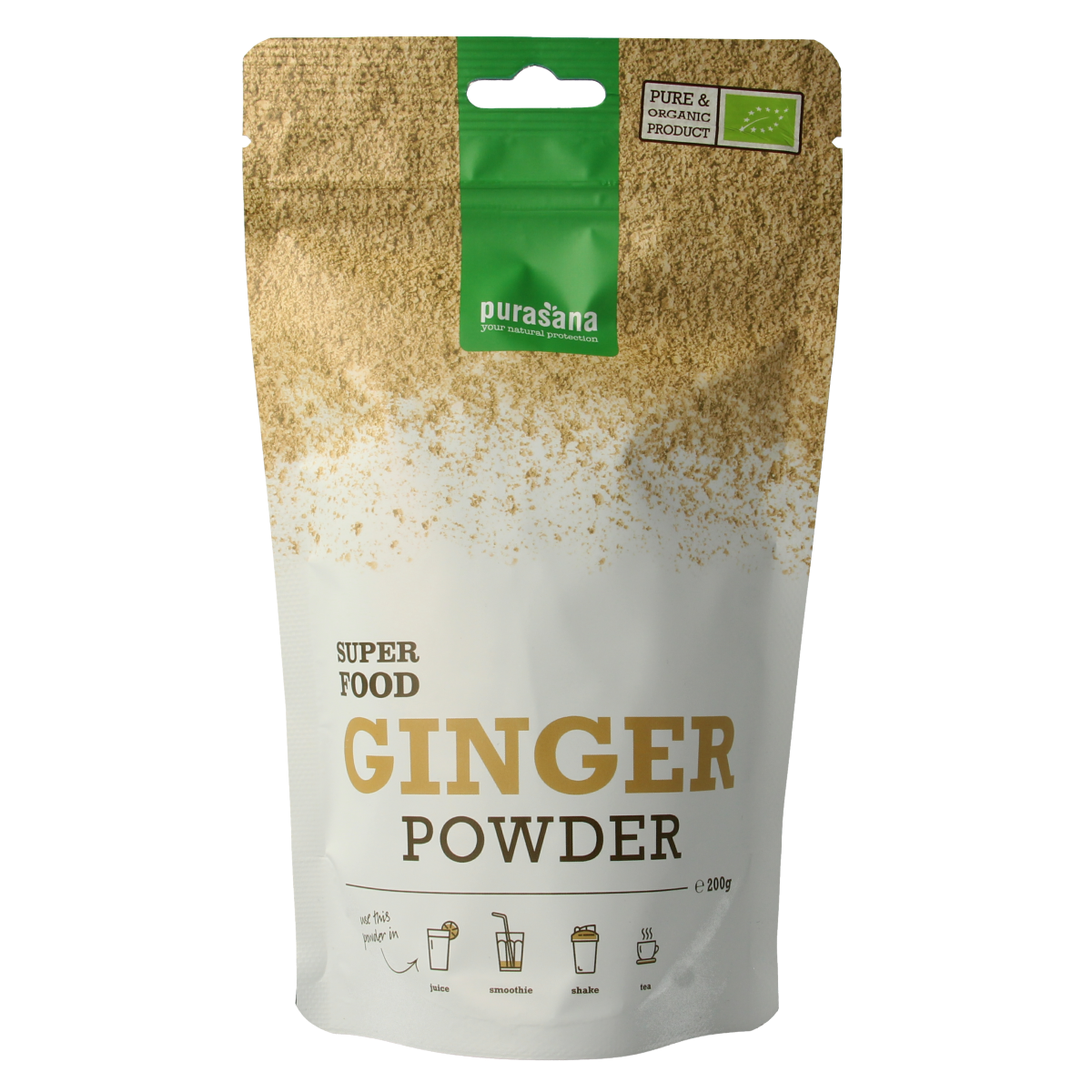 Purasana vegan organic ginger powder in 200g package, raw superfood with fresh, finely ground ginger root for cooking and health.