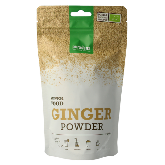 Purasana vegan organic ginger powder in 200g package, raw superfood with fresh, finely ground ginger root for cooking and health.