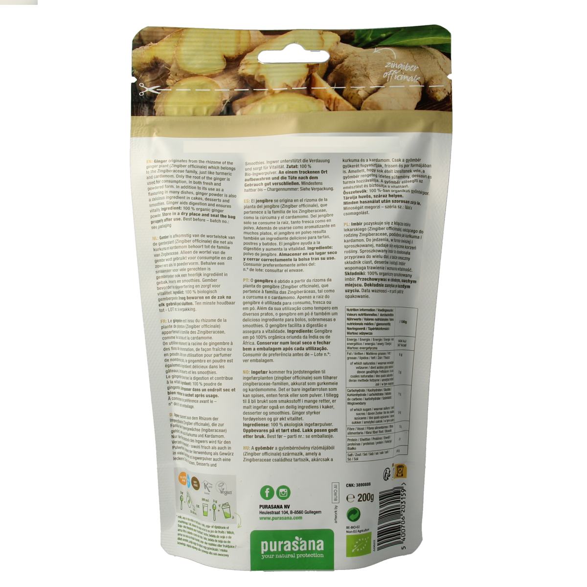 Organic Purasana vegan ginger powder in 200g package, showcasing fresh ginger root and vibrant spice powder for superfood use.