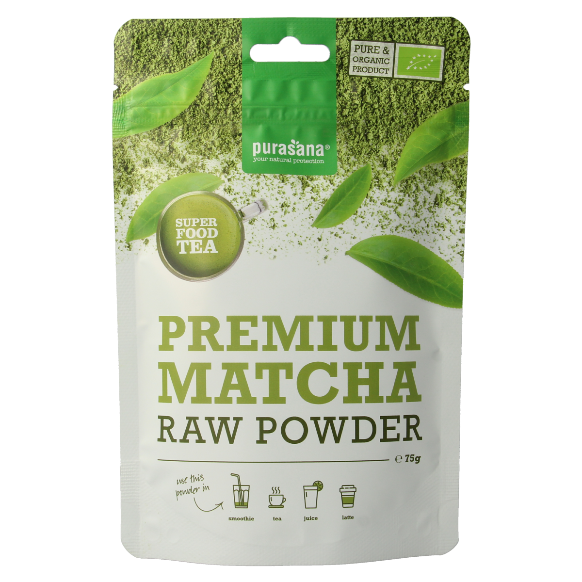 Purasana Matcha premium vegan bio powder in a 75g package, raw superfood green tea powder with vibrant green color