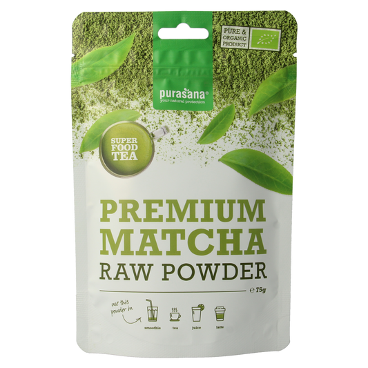 Purasana Matcha premium vegan bio powder in a 75g package, raw superfood green tea powder with vibrant green color
