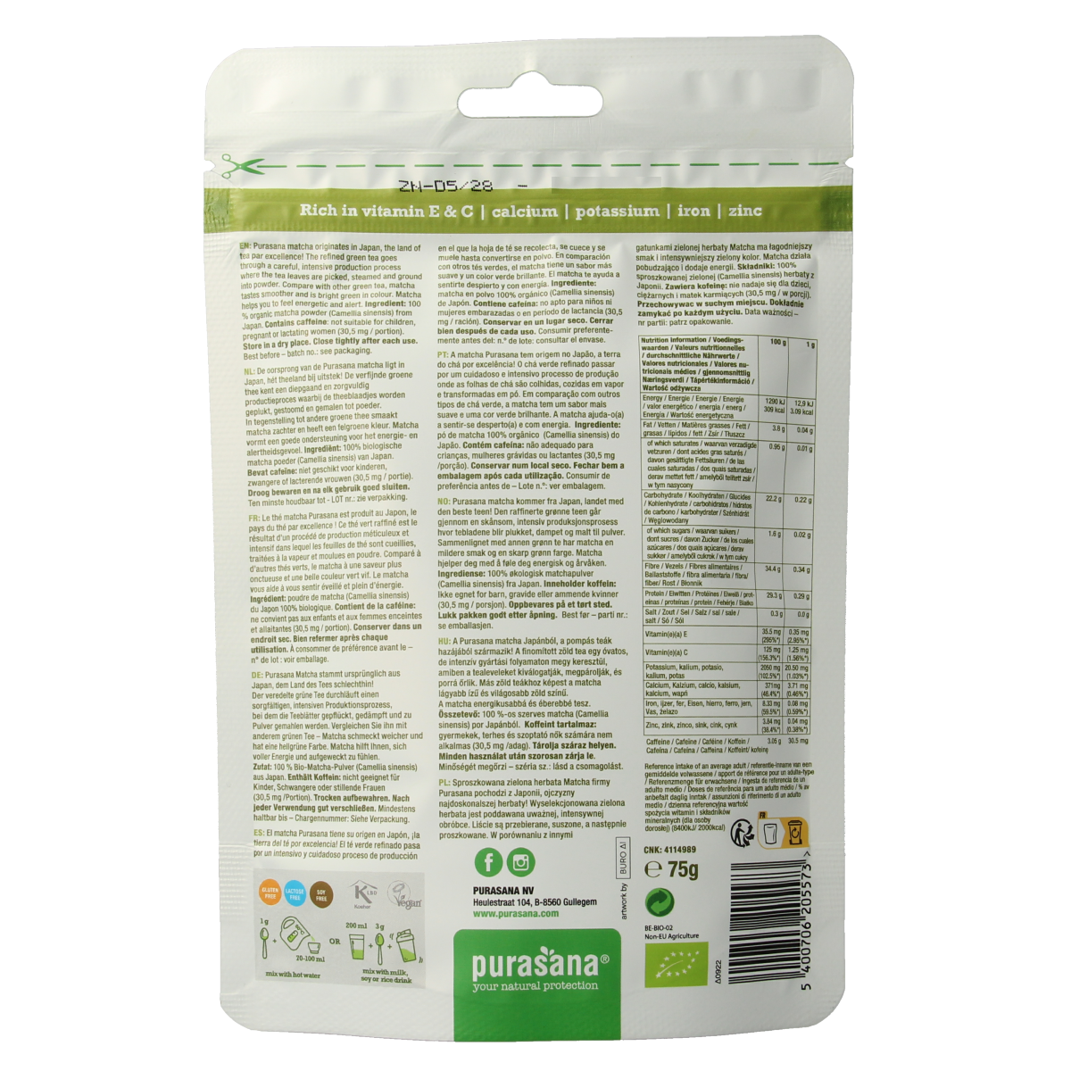 Purasana vegan organic matcha powder in a 75g package, raw superfood with vibrant green matcha tea leaves