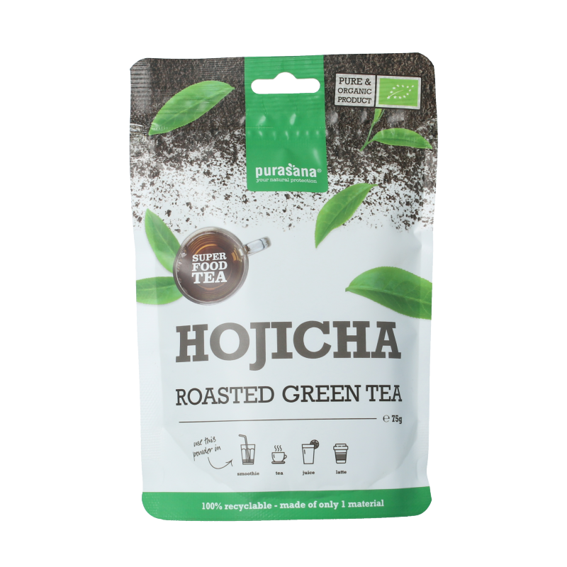 Purasana Hojicha thee poeder vegan bio in 75g container, Japanese roasted green tea powder, natural and organic product.