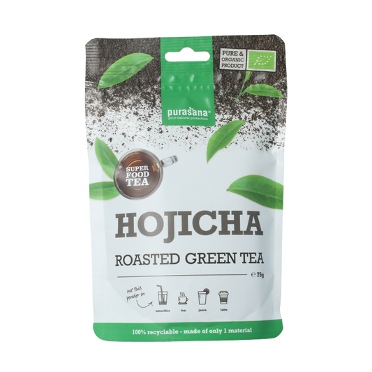 Purasana Hojicha thee poeder vegan bio in 75g container, Japanese roasted green tea powder, natural and organic product.