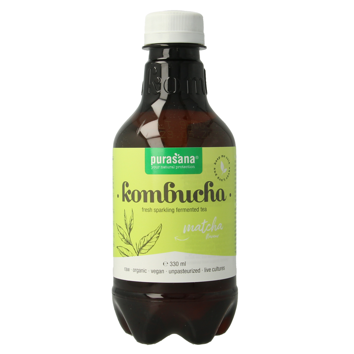 Purasana Kombucha Matcha vegan organic beverage in a 330ml bottle, featuring green tea and probiotic ingredients.