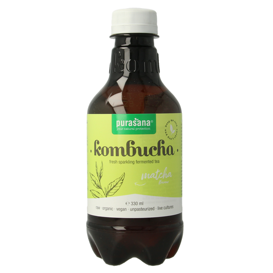 Purasana Kombucha Matcha vegan organic beverage in a 330ml bottle, featuring green tea and probiotic ingredients.