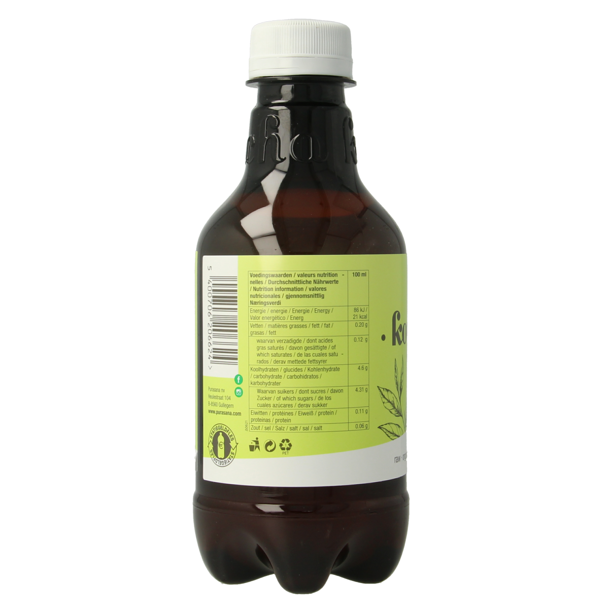 Purasana Kombucha Matcha vegan bio in 330ml bottle, a refreshing tea beverage with green tea and fermented kombucha.