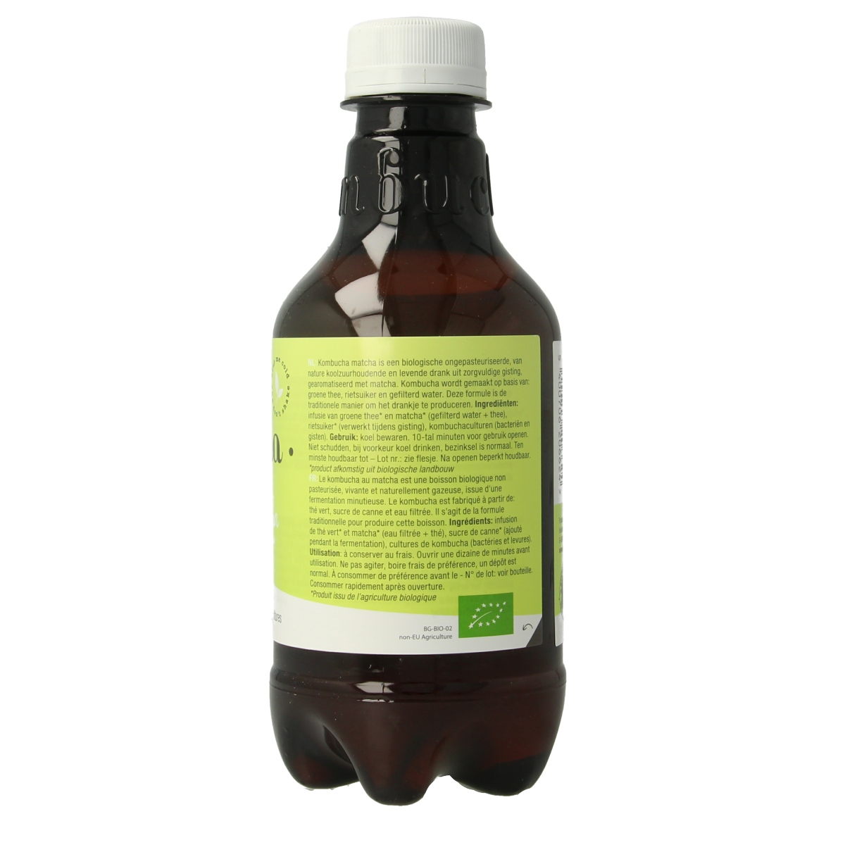 Purasana Kombucha Matcha vegan bio tea in 330ml bottle, with green tea and kombucha visible in a clear glass.