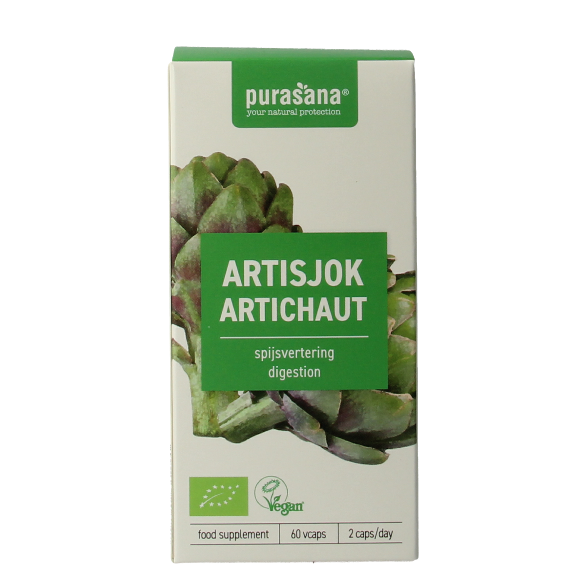 Purasana Artisjok vegan organic herbal capsules, vegetarian dietary supplement with green capsules in a clear bottle.