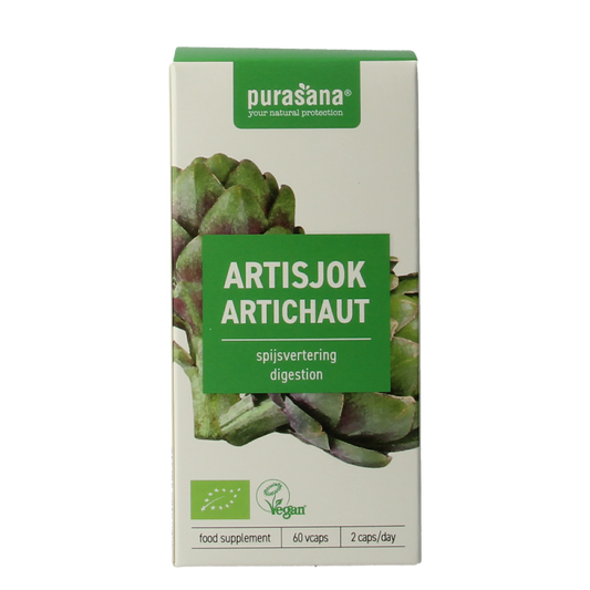 Purasana Artisjok vegan organic herbal capsules, vegetarian dietary supplement with green capsules in a clear bottle.