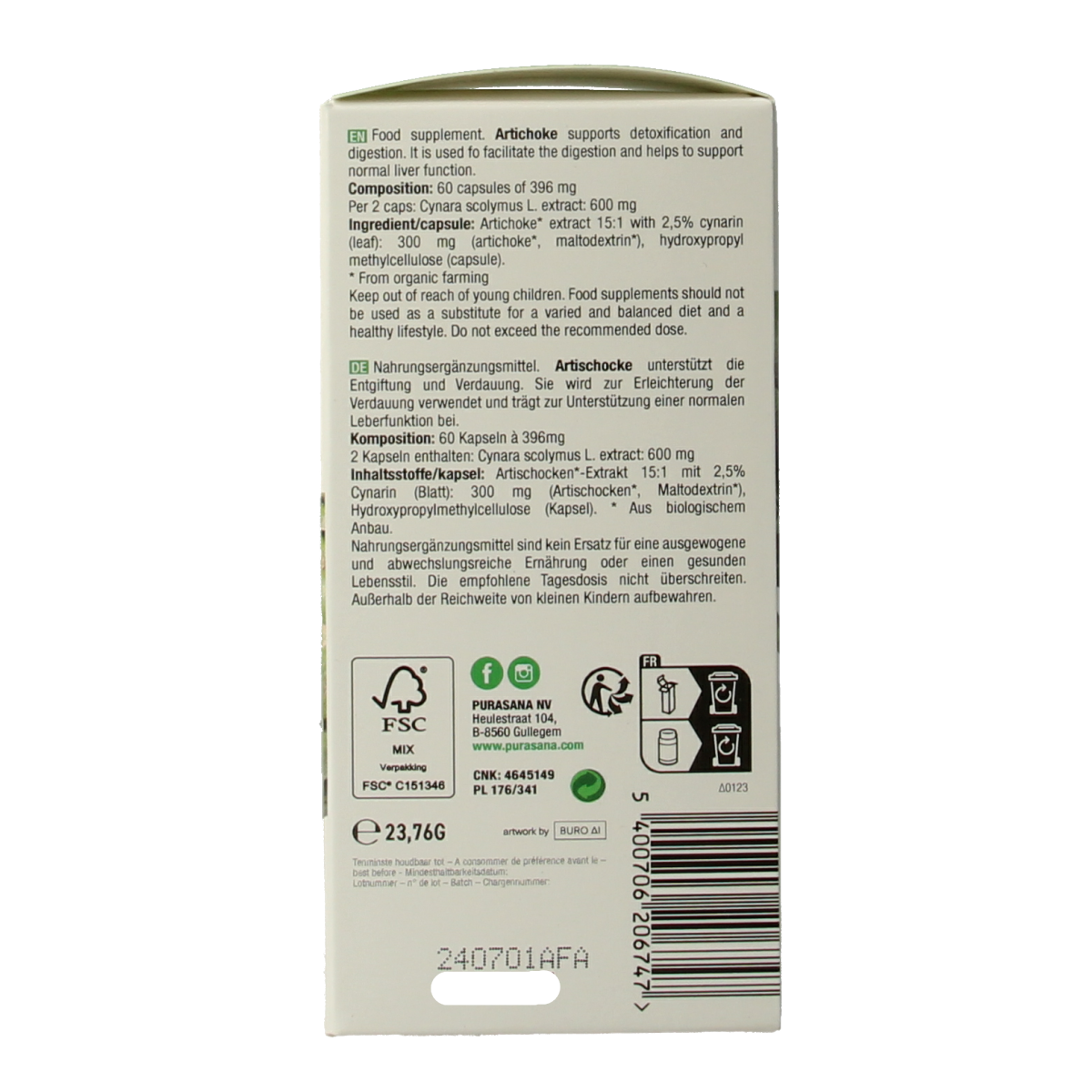 Purasana Artisjok vegan bio herbal capsules in a blister pack, natural supplement for liver support and digestion.