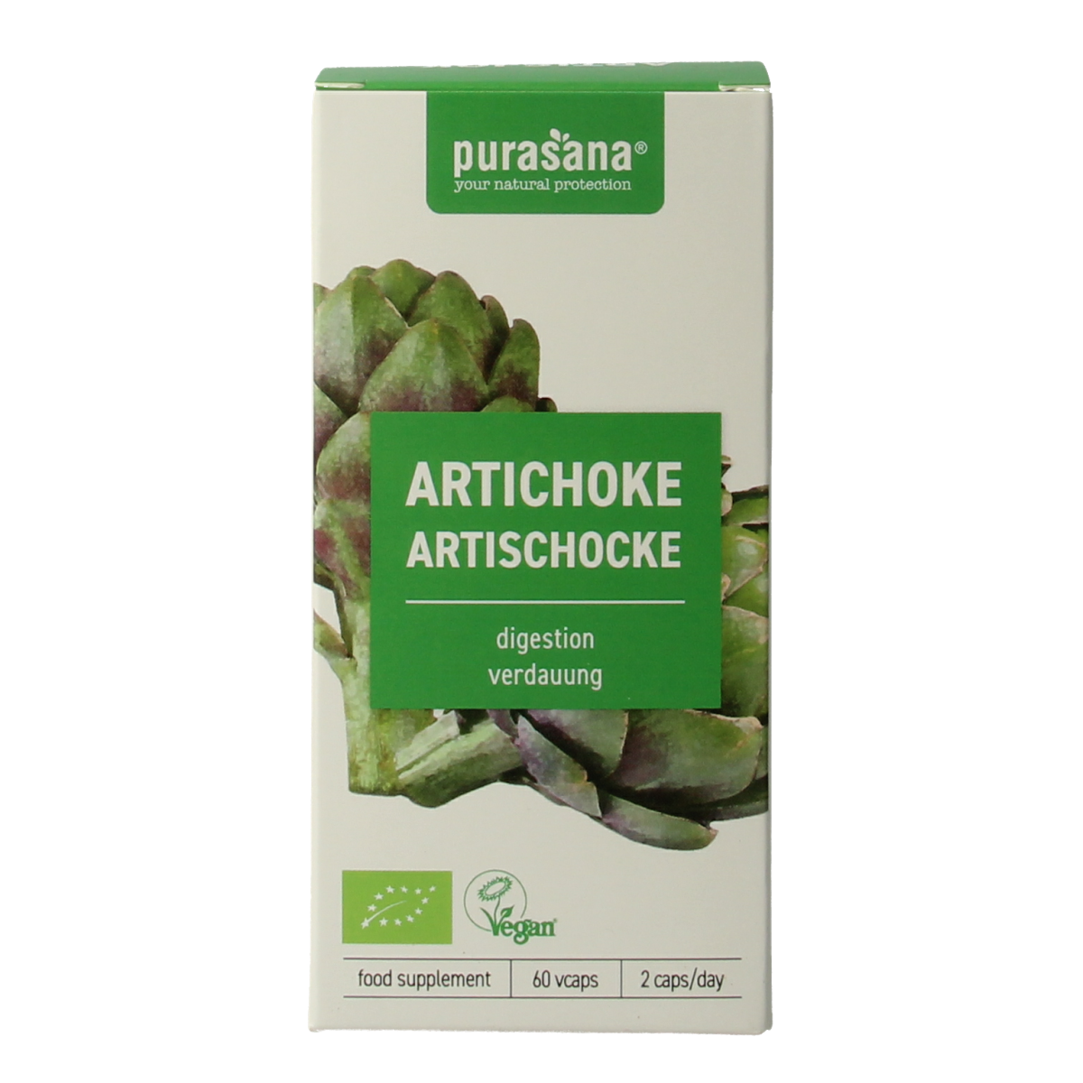 Purasana Artisjok vegan bio herbal capsules in a jar, vegetarian supplement for liver health and digestion.