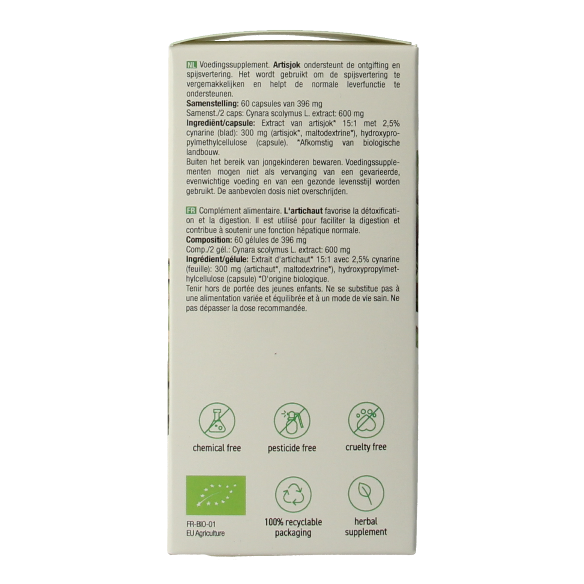 Purasana Artisjok vegan herbal capsules in a clear bottle, showing green capsules and label with product details.