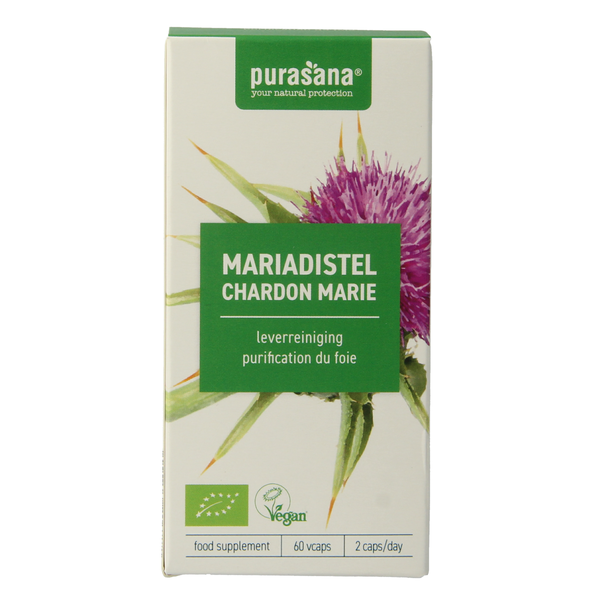 Purasana Mariadistel vegan bio herbal capsules in a container, vegetarian supplement for liver health, 60 capsules.