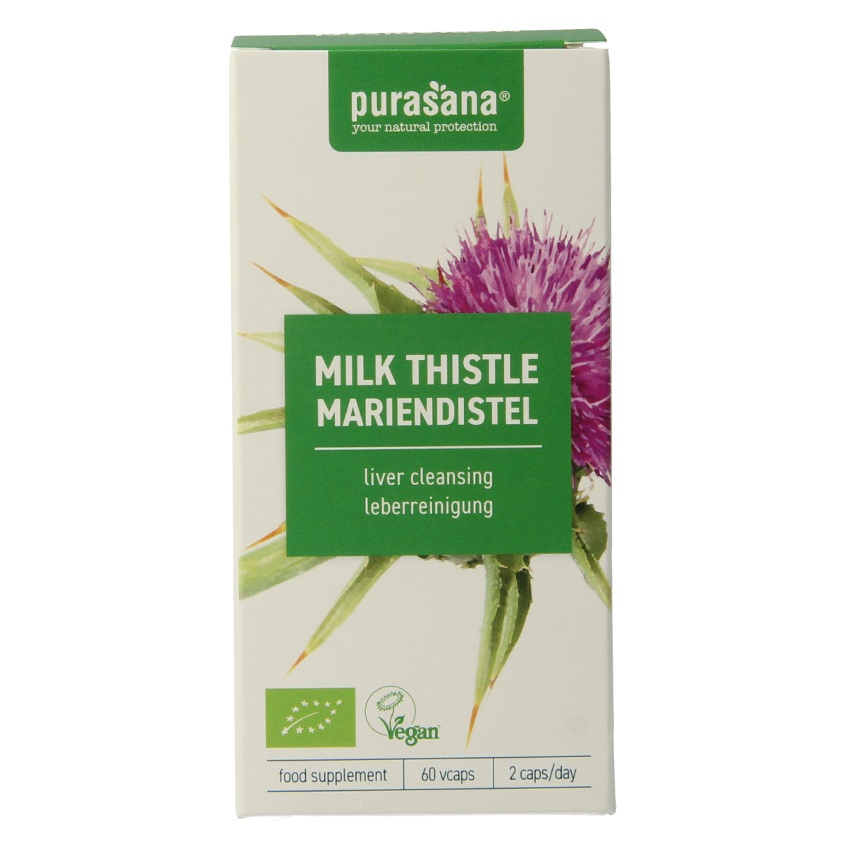 Purasana Mariadistel vegan herbal capsules in a bottle, dietary supplement for liver health, vegetarian, organic bio product.