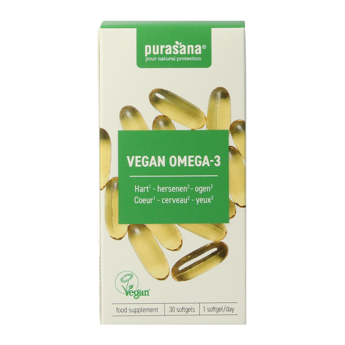 Purasana Vegan Omega-3 Algenolie softgels in a bottle, plant-based omega-3 supplement from Purasana with 30 softgels.