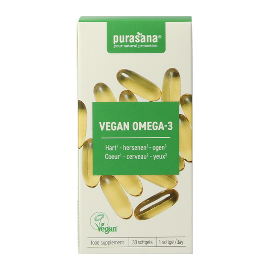 Purasana Vegan Omega-3 Algenolie softgels in a bottle, plant-based omega-3 supplement from Purasana with 30 softgels.
